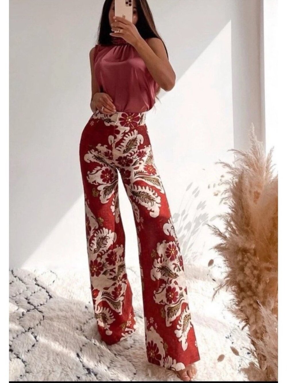 NEW! Zara Linen Blend Extra Wide Leg Printed Pant  Women’s sz L  High Rise